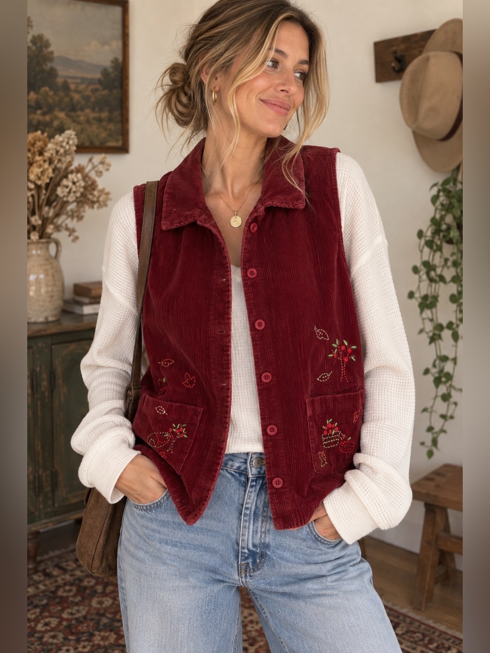 Vintage Red Corduroy Embroidered Vest XL Floral Cottagecore Folk Art